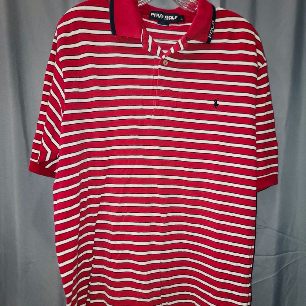 Men's Red & White Striped Golf Shirt | Ralph Lauren Polo | Large